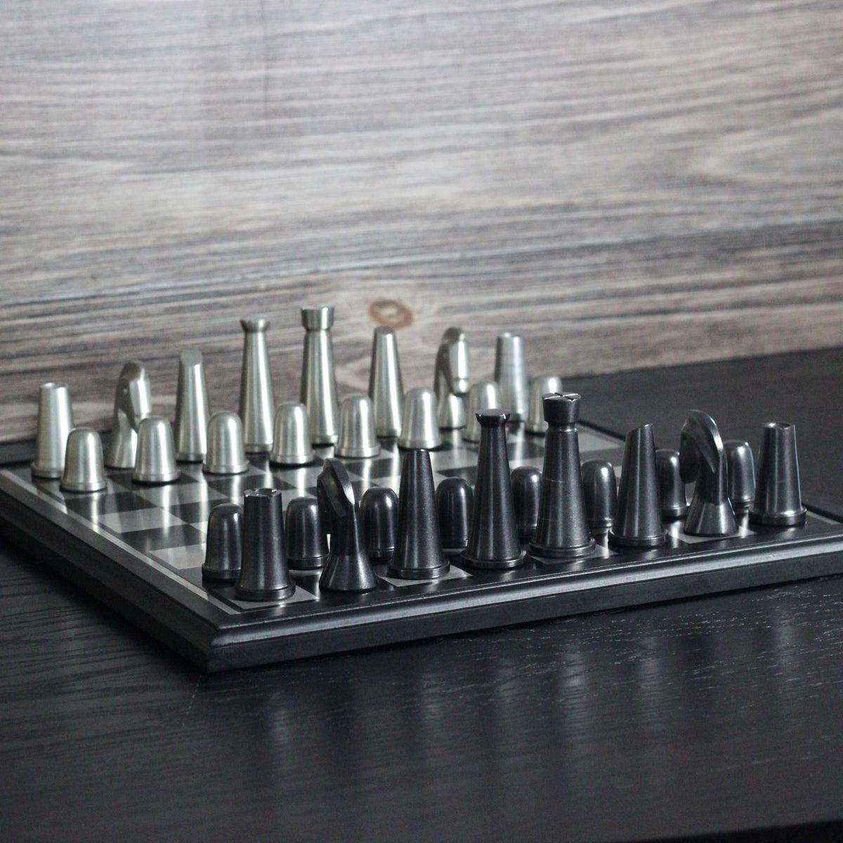 Scandinavian Defense - Art Deco Black and Silver Metallic Chess Set - Marble Cultures