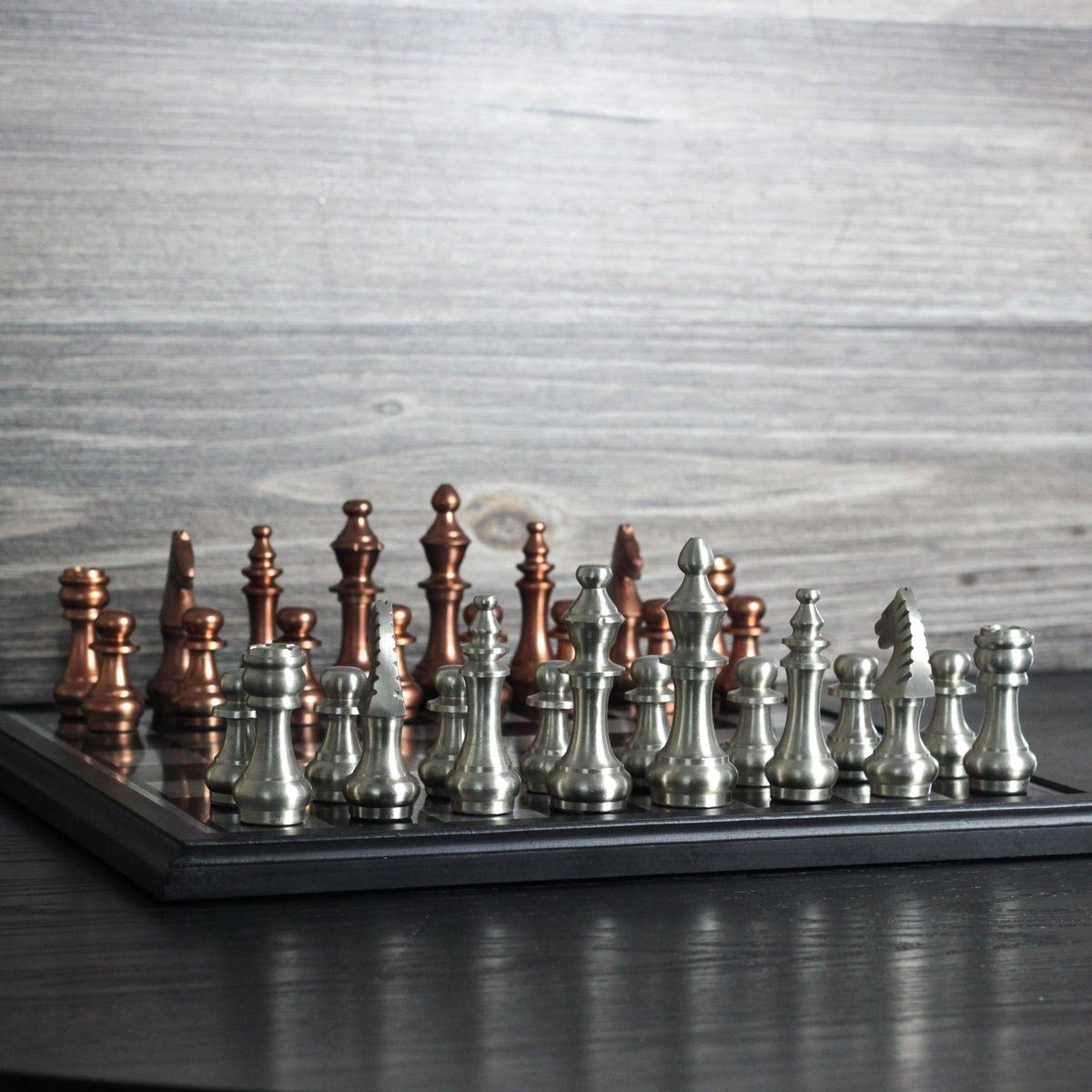 The Sicilian Storm - Rustic Metallic Chess Board and Pieces - Marble Cultures