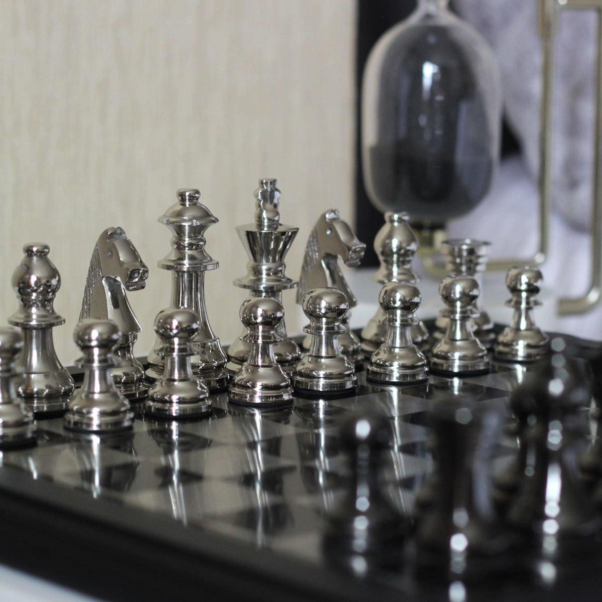 The English Opening - Black and Silver Metallic Chess Set - Marble Cultures