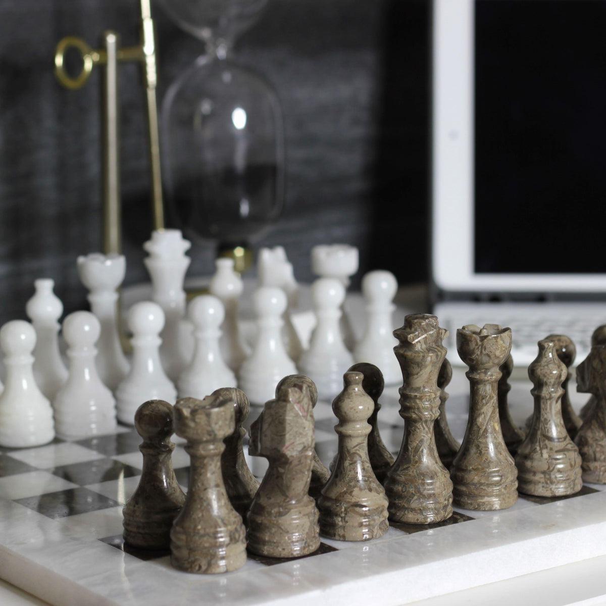 Marble Chess Set with Storage Case - White and Oceanic - Marble Cultures