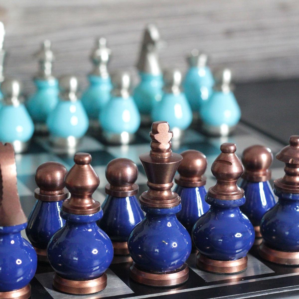 The Queens Gambit - Royal & Tiffany Blue Metallic Chess Set - Marble Cultures