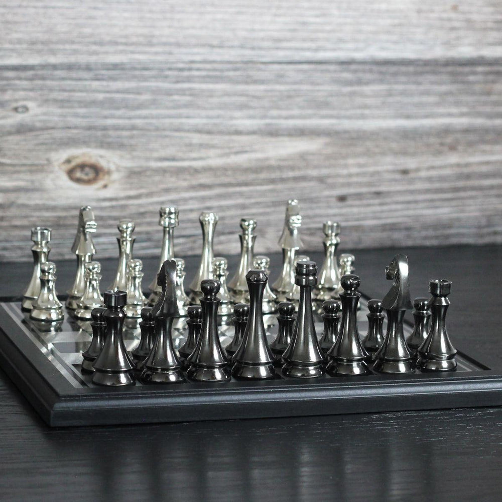 Scotch Gambit - Gorgeous Black and Silver Metallic Chess Set - Marble Cultures