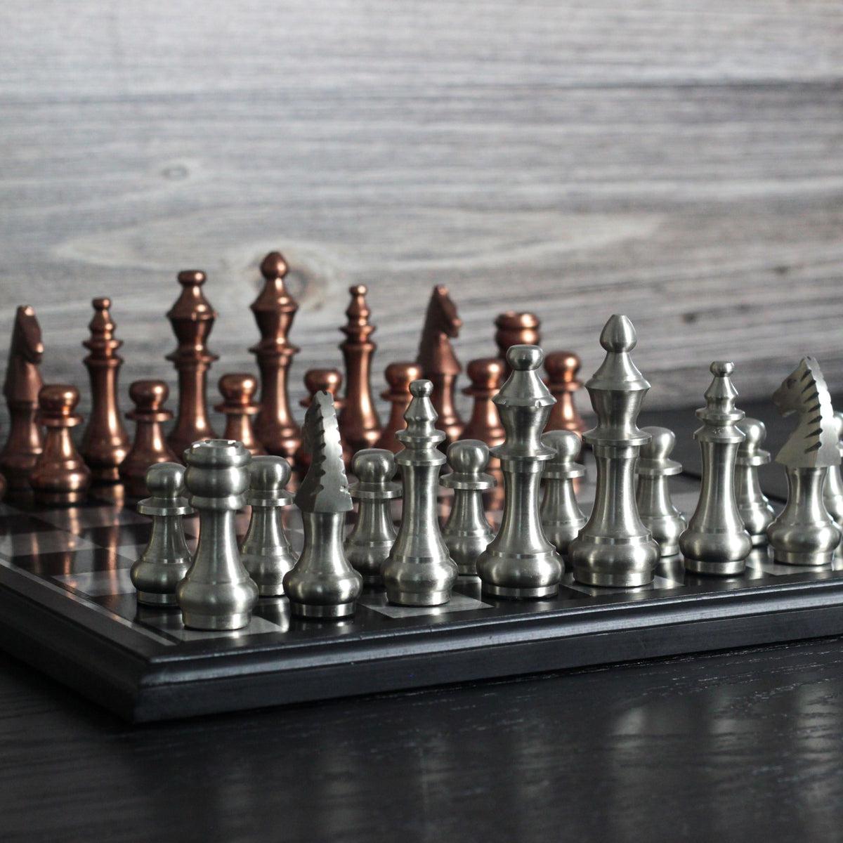 The Sicilian Storm - Rustic Metallic Chess Board and Pieces - Marble Cultures