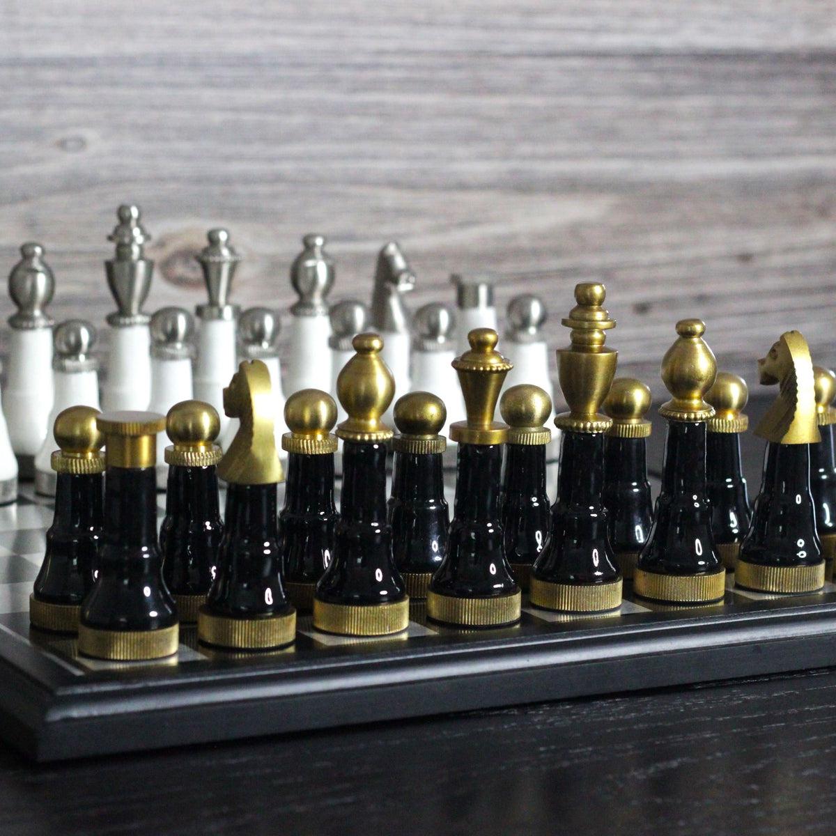 The Budapest Gambit - Black and White Metallic Chess Set - Marble Cultures