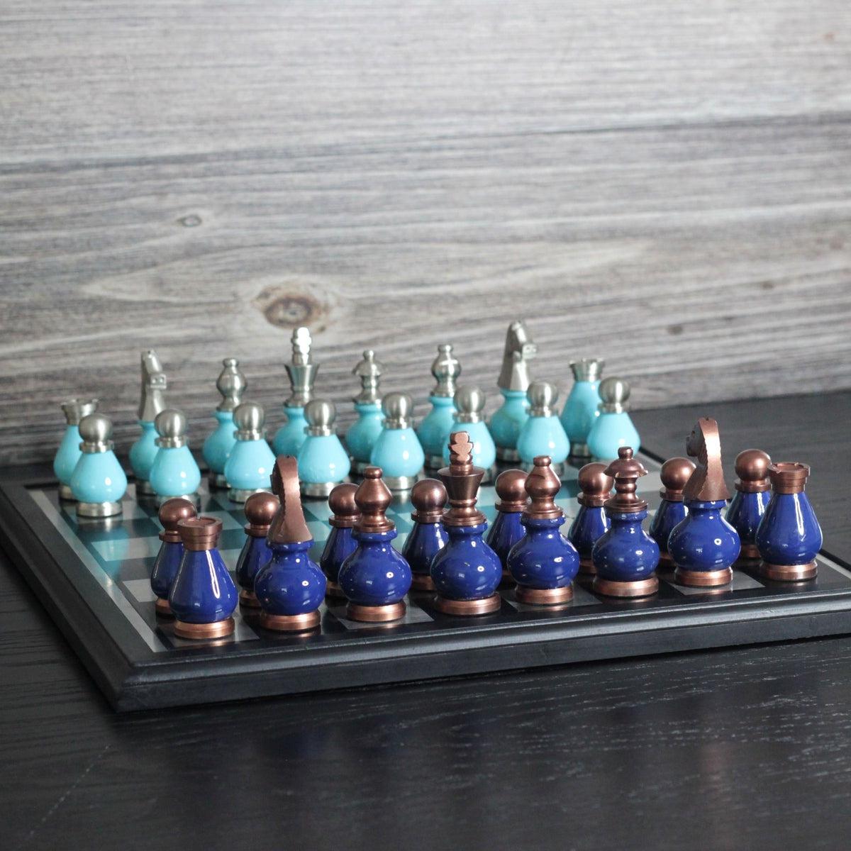 The Queens Gambit - Royal & Tiffany Blue Metallic Chess Set - Marble Cultures