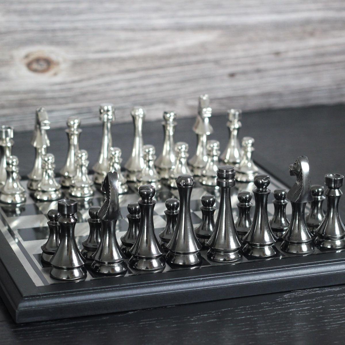 Scotch Gambit - Gorgeous Black and Silver Metallic Chess Set - Marble Cultures