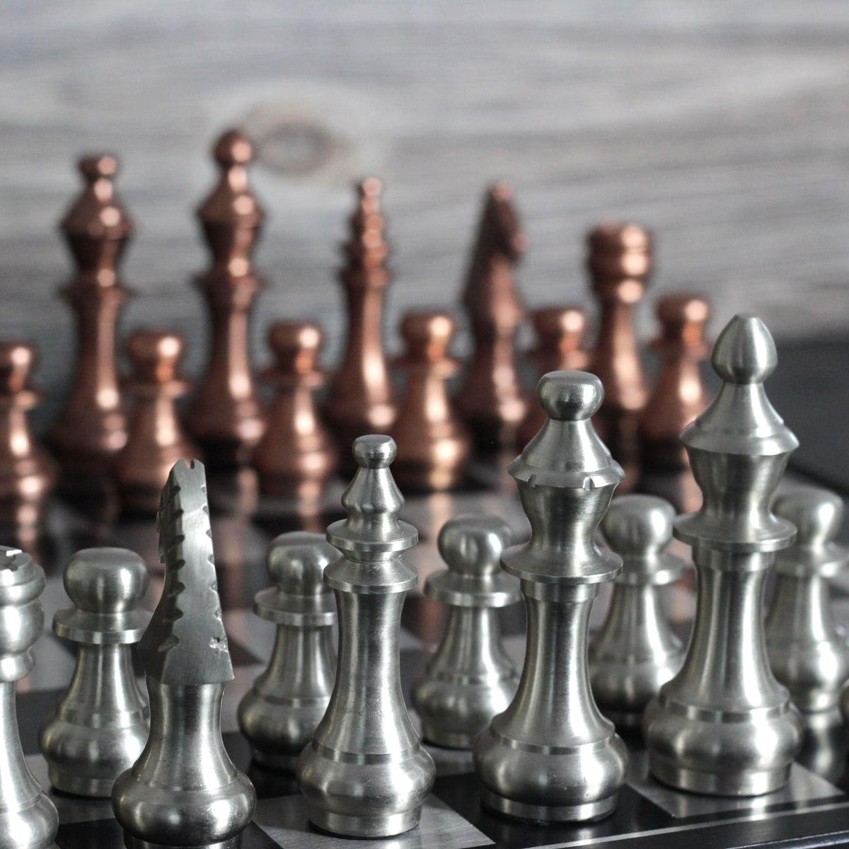 The Sicilian Storm - Rustic Metallic Chess Board and Pieces - Marble Cultures