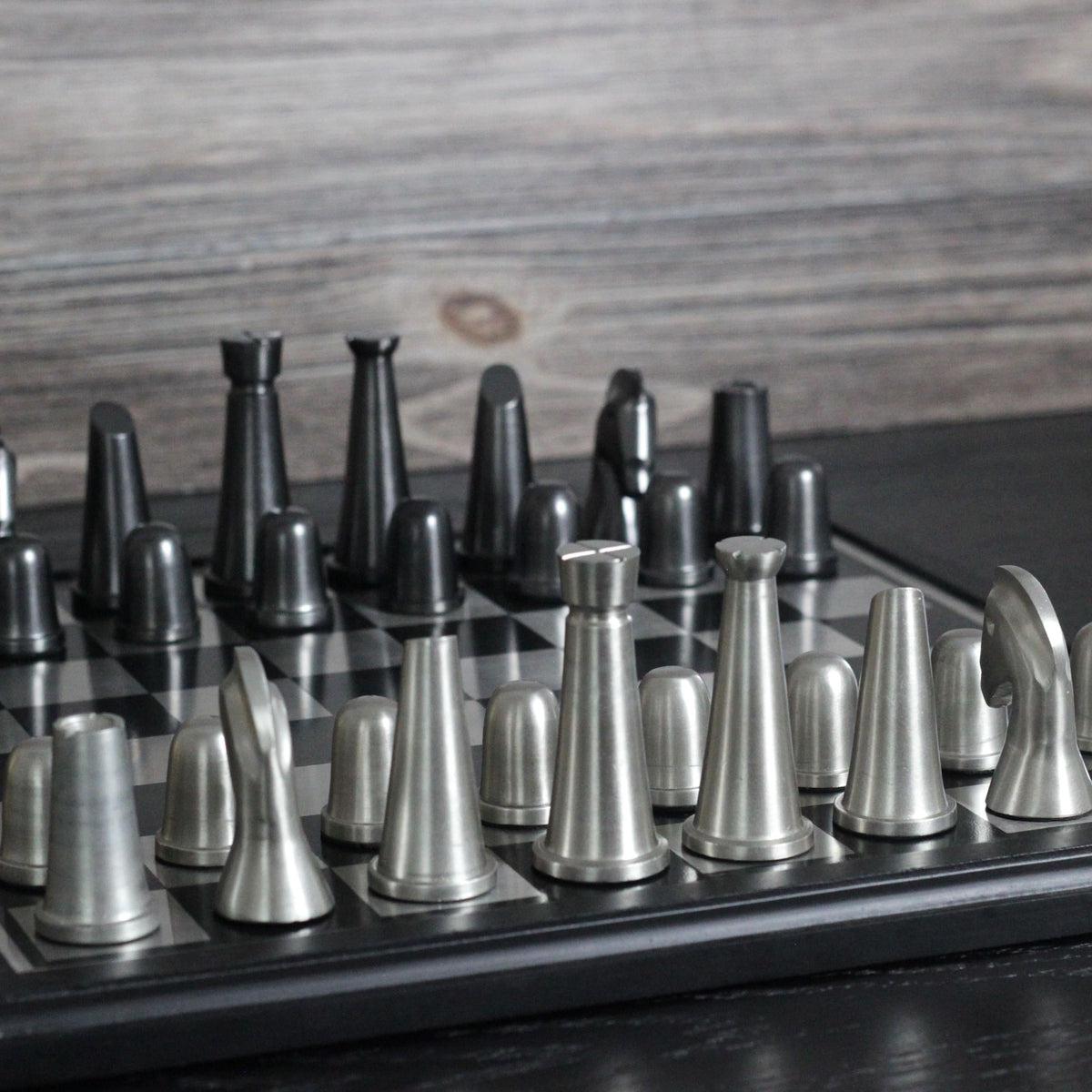 Scandinavian Defense - Art Deco Black and Silver Metallic Chess Set - Marble Cultures