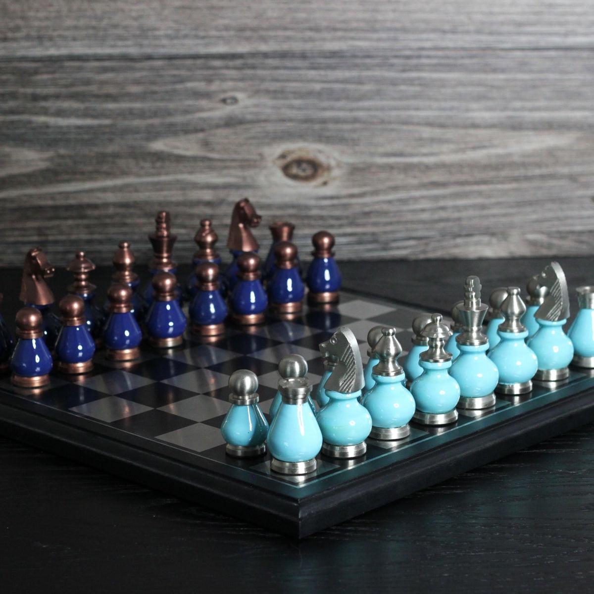 The Queens Gambit - Royal & Tiffany Blue Metallic Chess Set - Marble Cultures