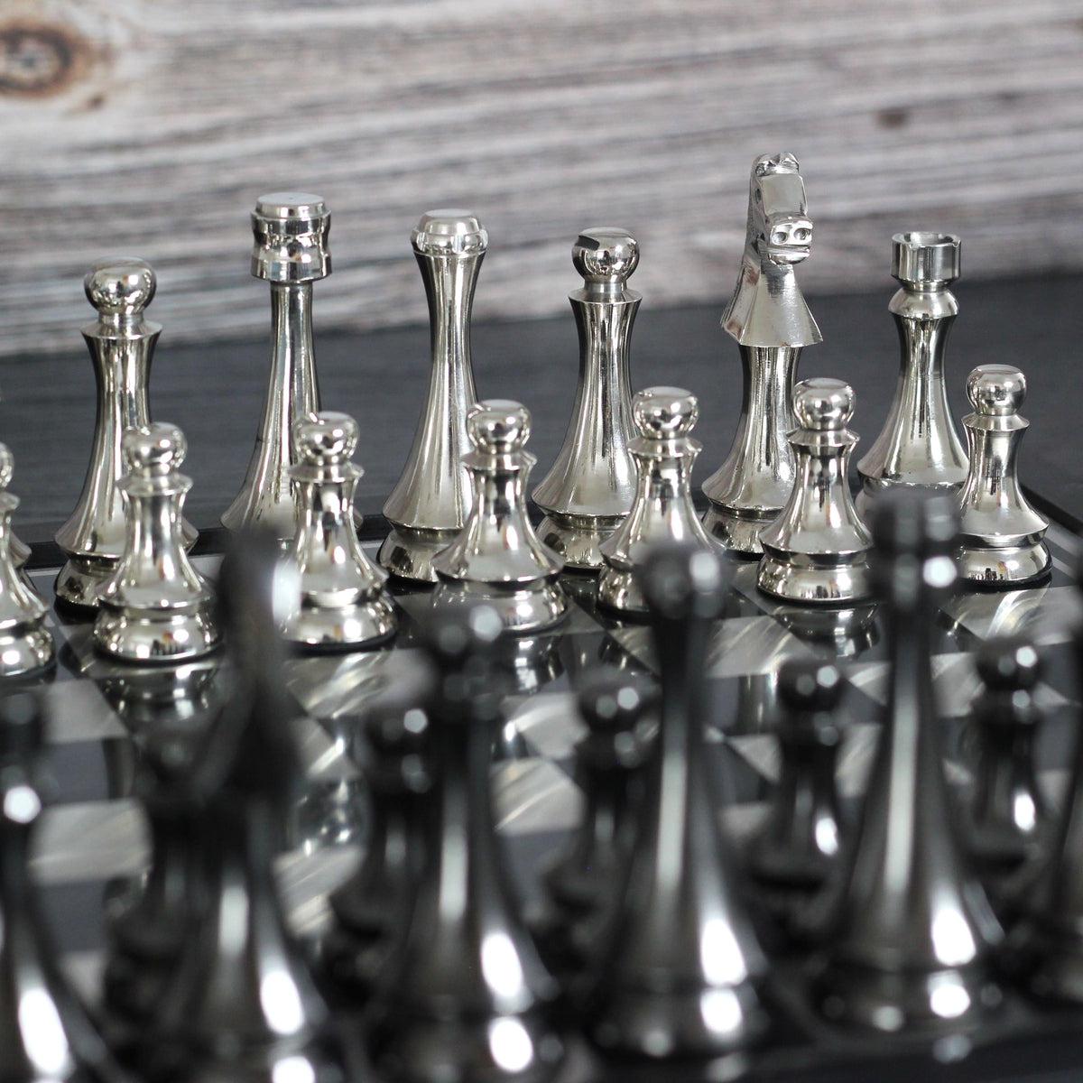 Scotch Gambit - Gorgeous Black and Silver Metallic Chess Set - Marble Cultures