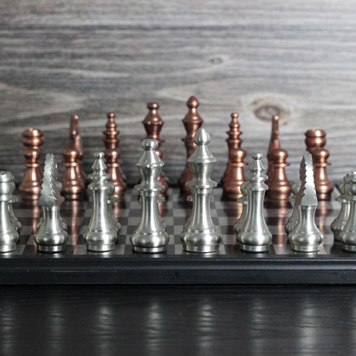 The Sicilian Storm - Rustic Metallic Chess Board and Pieces - Marble Cultures