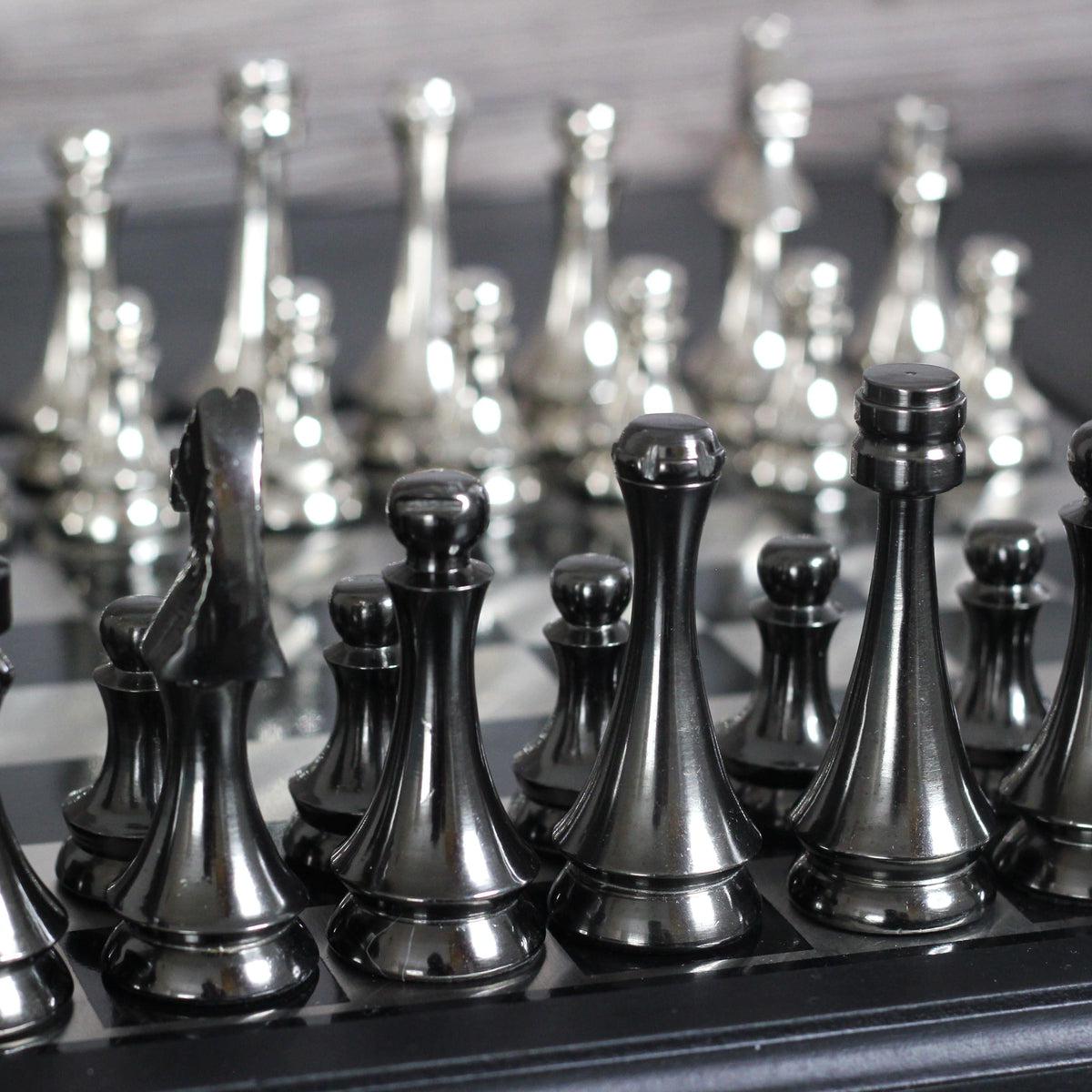 Scotch Gambit - Gorgeous Black and Silver Metallic Chess Set - Marble Cultures