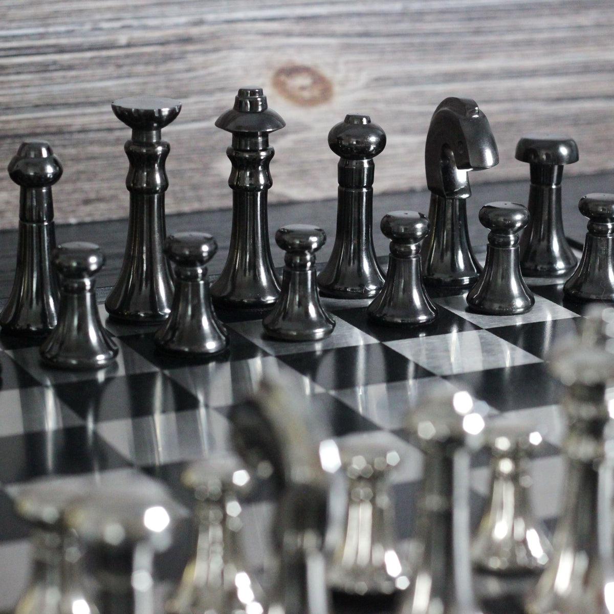 The Modern Defense - Black and Silver Metallic Chess Set - Marble Cultures