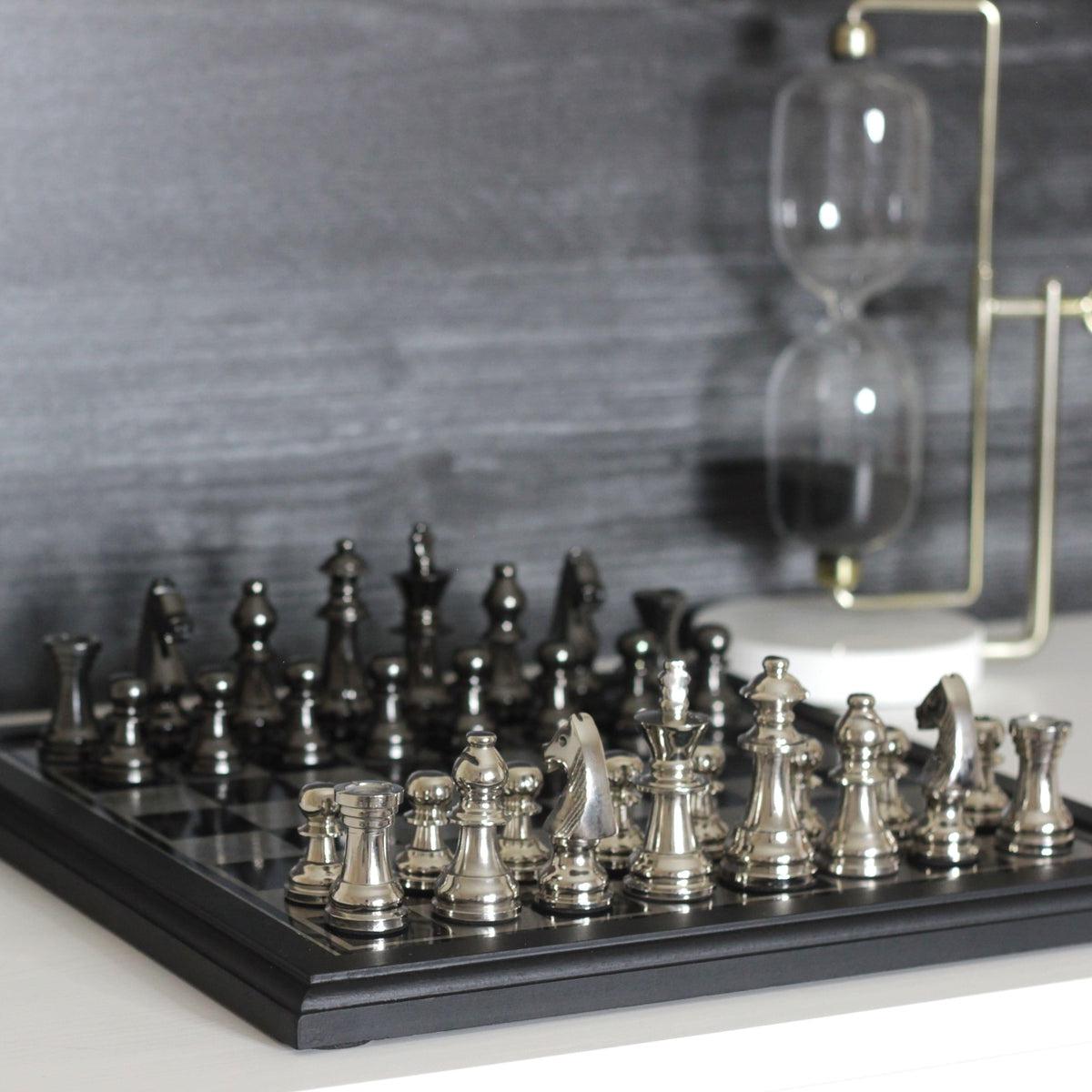 The English Opening - Black and Silver Metallic Chess Set - Marble Cultures