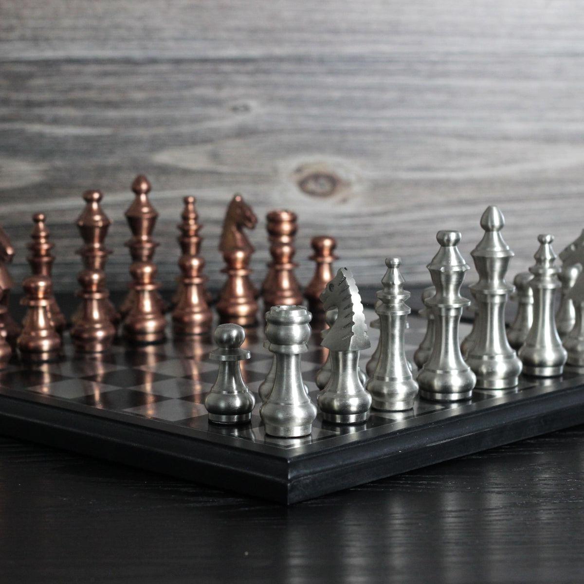 The Sicilian Storm - Rustic Metallic Chess Board and Pieces - Marble Cultures