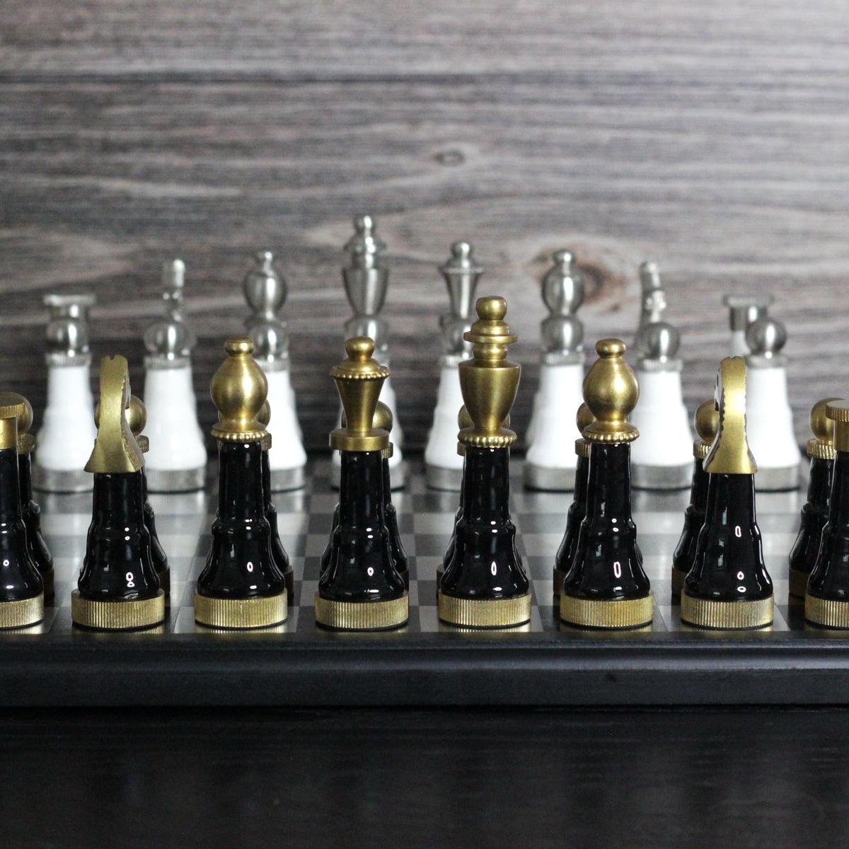 The Budapest Gambit - Black and White Metallic Chess Set - Marble Cultures