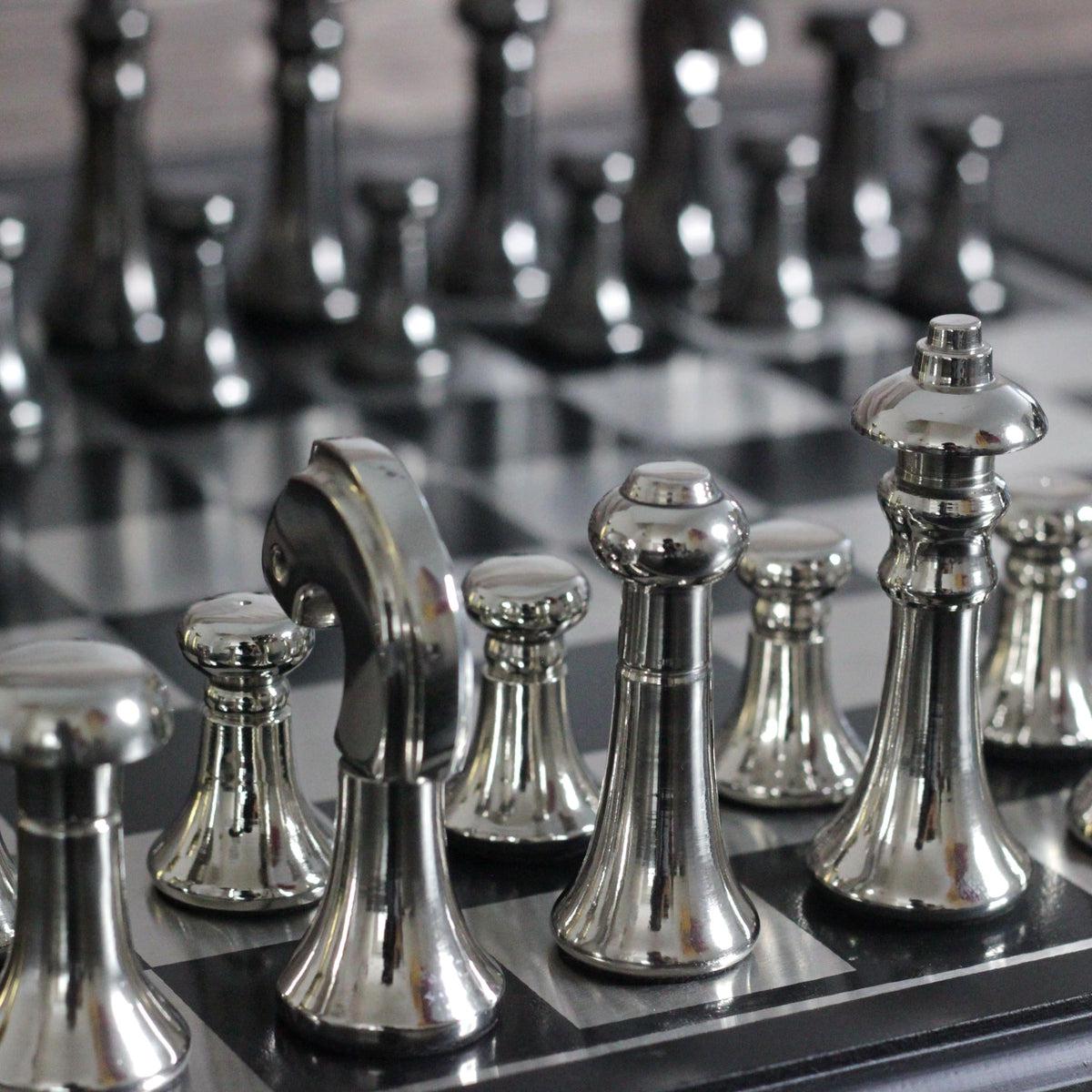 The Modern Defense - Black and Silver Metallic Chess Set - Marble Cultures