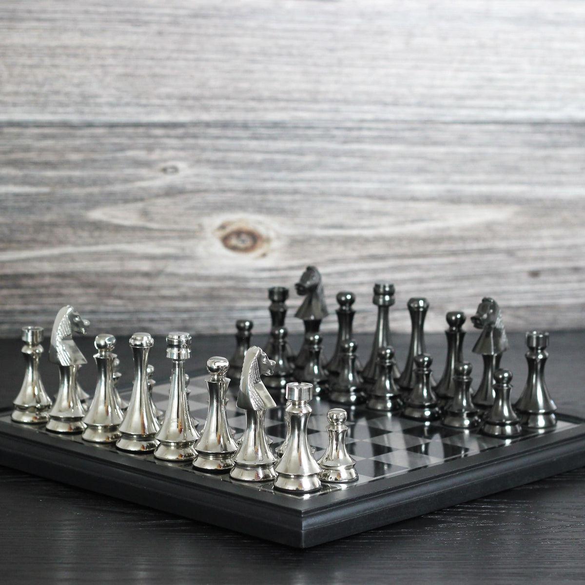 Scotch Gambit - Gorgeous Black and Silver Metallic Chess Set - Marble Cultures