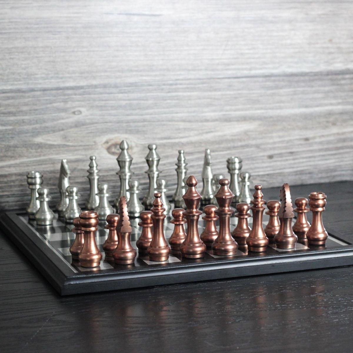 The Sicilian Storm - Rustic Metallic Chess Board and Pieces - Marble Cultures