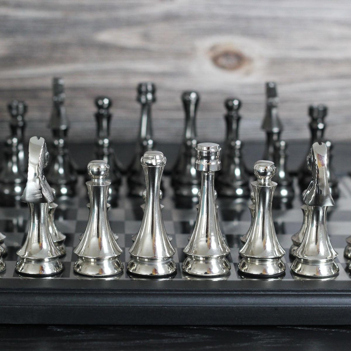 Scotch Gambit - Gorgeous Black and Silver Metallic Chess Set - Marble Cultures