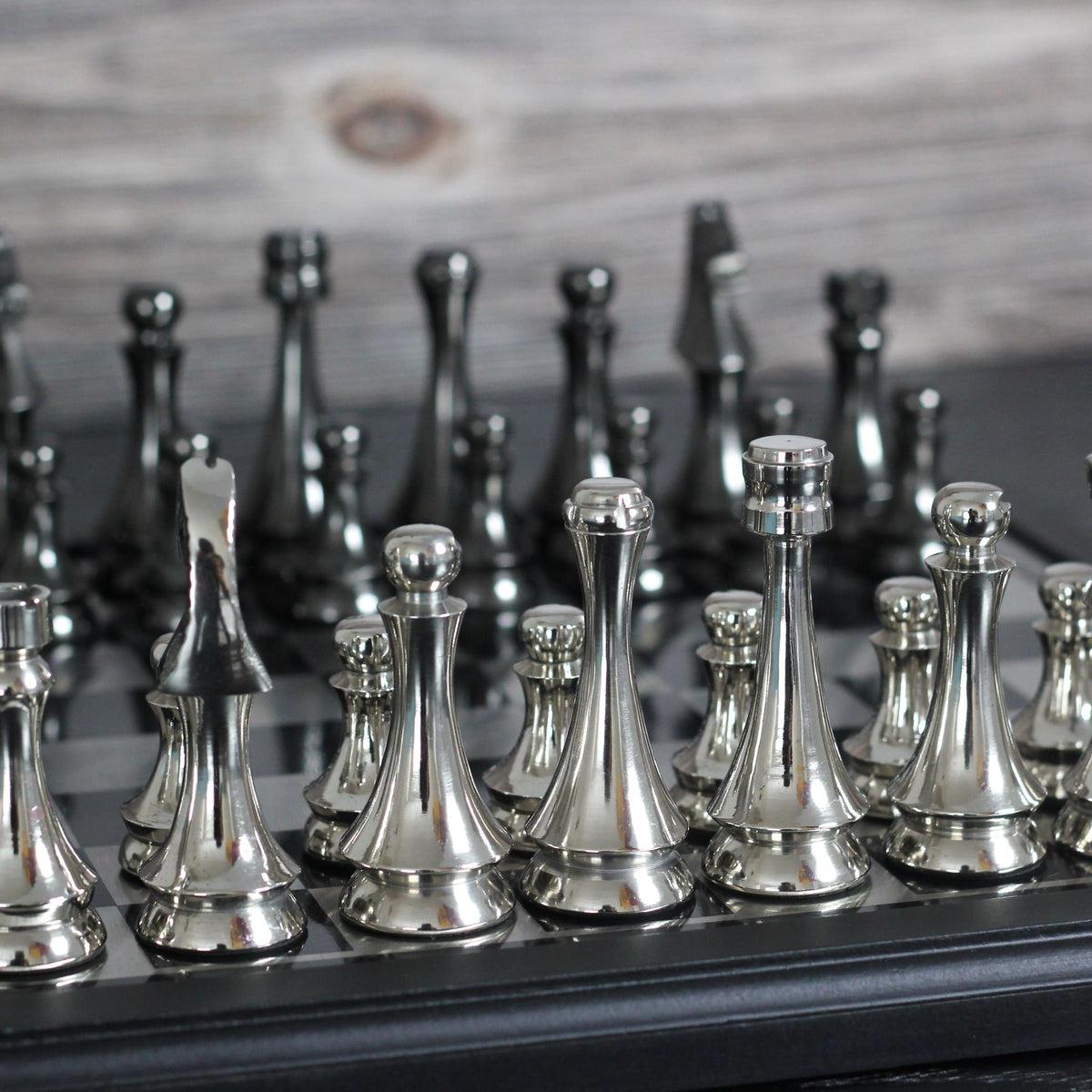 Scotch Gambit - Gorgeous Black and Silver Metallic Chess Set - Marble Cultures