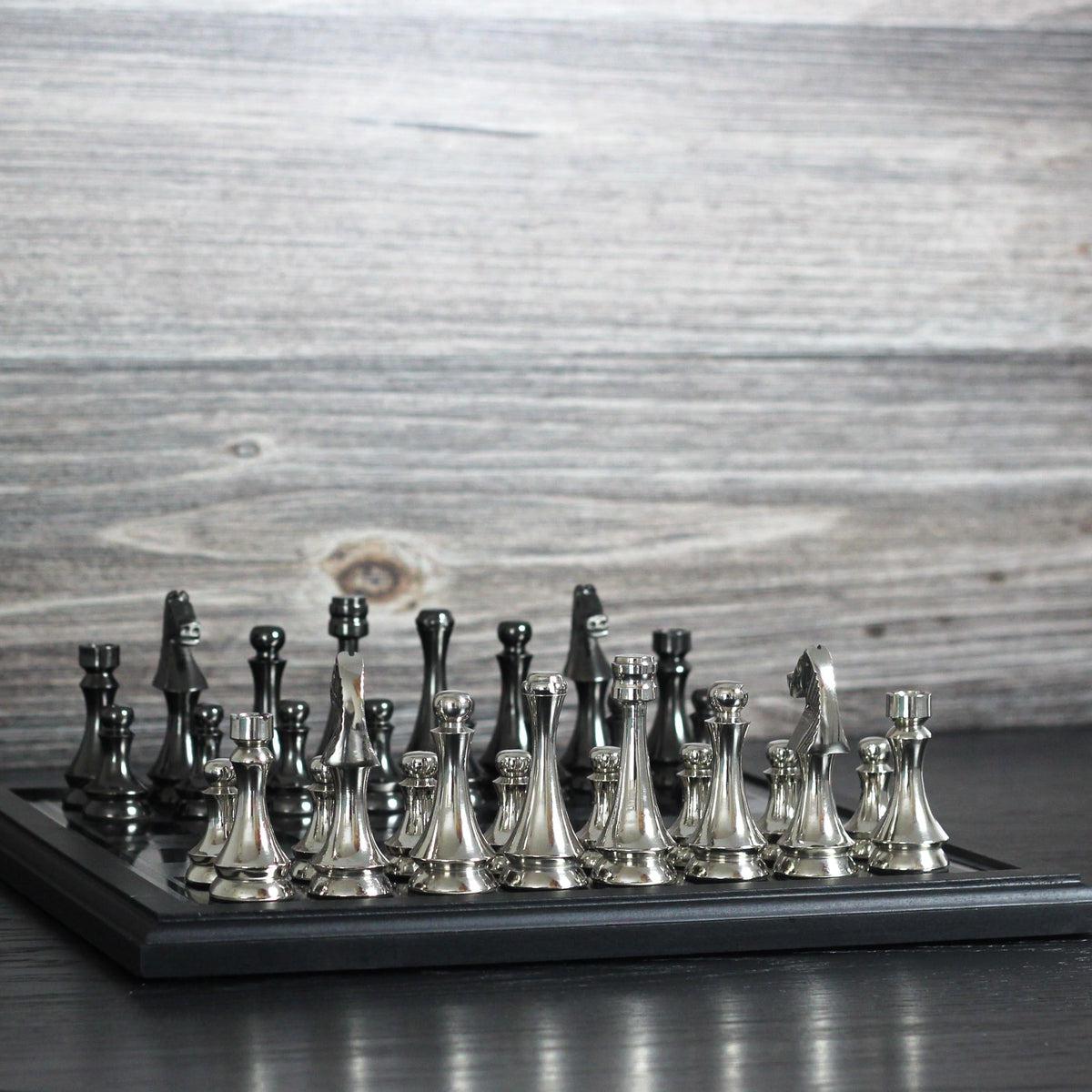 Scotch Gambit - Gorgeous Black and Silver Metallic Chess Set - Marble Cultures