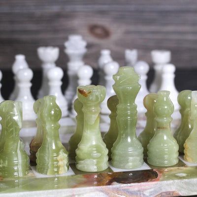 Marble Chess Set with Storage Case - Green Onyx and White