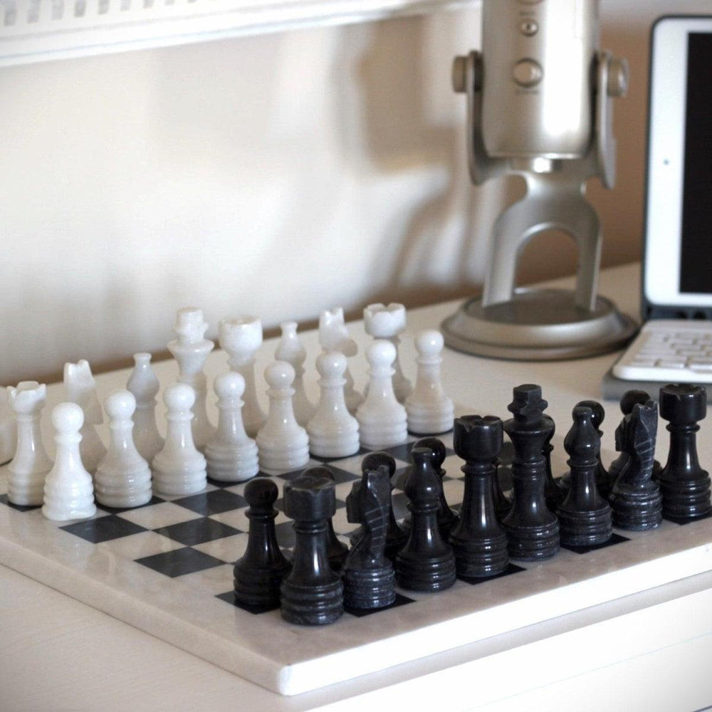 Marble Chess Set with Storage Case - White and Black - Marble Cultures